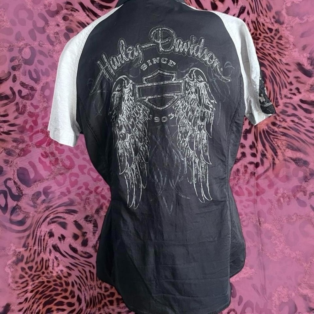 Black and white full zip Harley Davidson mechanic style top lace details Large